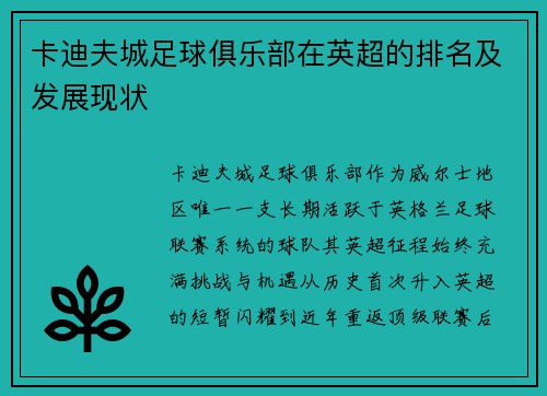 卡迪夫城足球俱乐部在英超的排名及发展现状